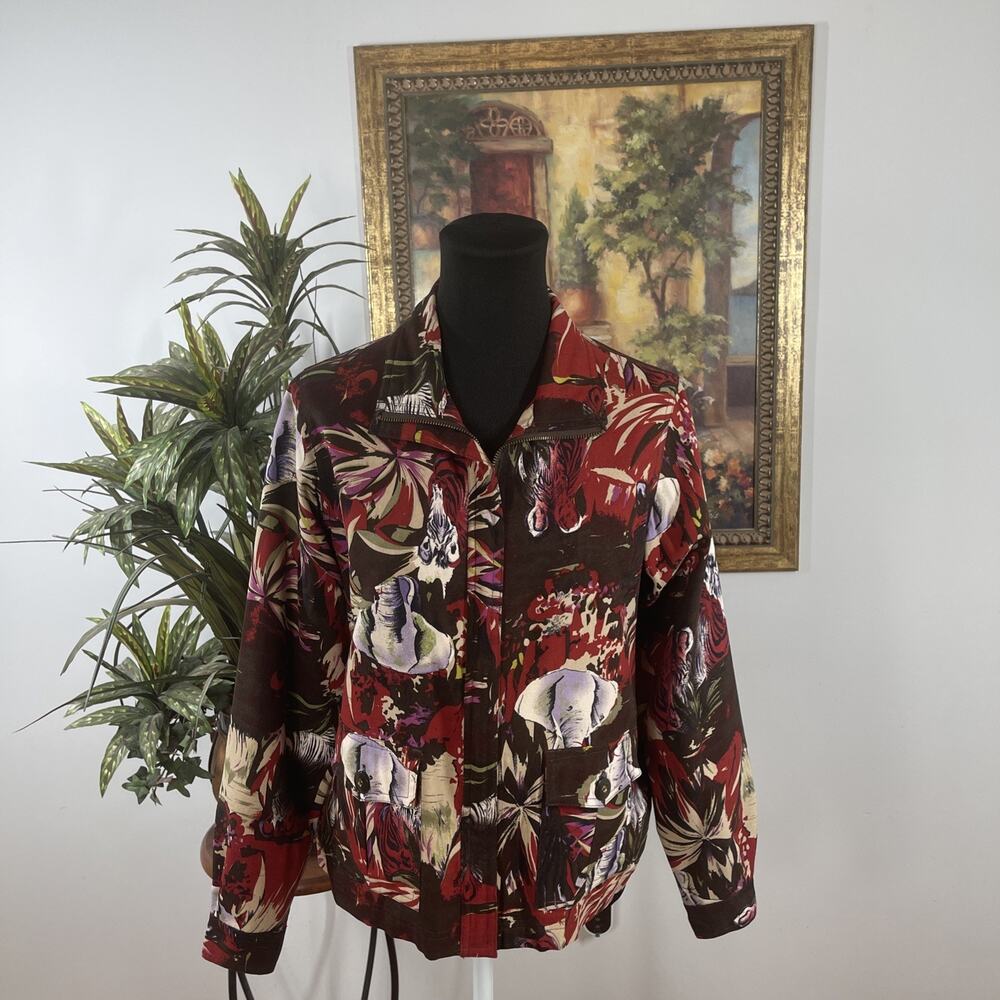 Ac-tiv-ology Women's Jacket PS Full Zipper Pocket front 100% Silk Elephant Print